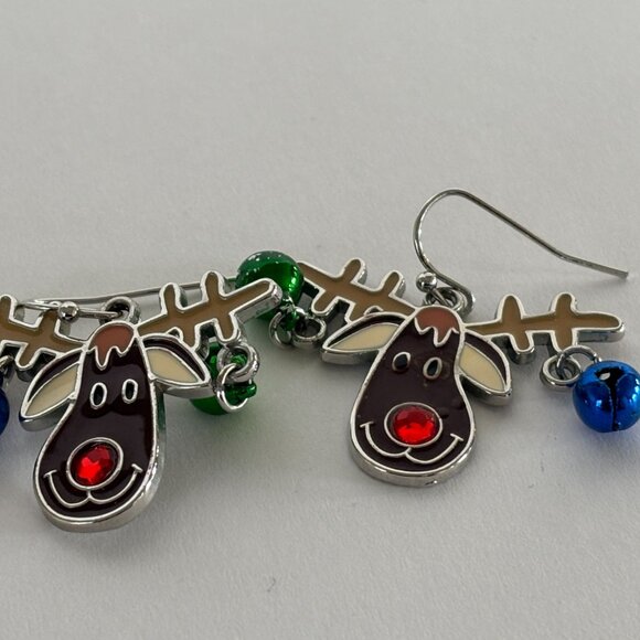 Reindeer Earrings With Jingle Bells Holiday Jewelry Christmas Red Nose Rudolph - Picture 3 of 9